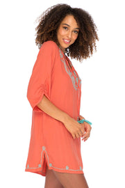 Womens Boho Embroidered Loose Fit Tunic Dress V-Neck with Tassel Tie Casual Bohemian Swimsuit Cover Up