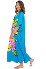 Womens Long Maxi Beach Cover Up Caftan, Frangipani Floral Dress, Summer Beach Poncho
