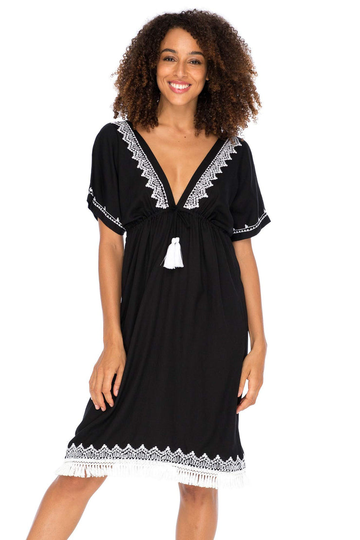 Womens Boho V Neck Beach Dress Loose Fit Casual Embroidered Tunic Sundress Swimsuit Cover Up