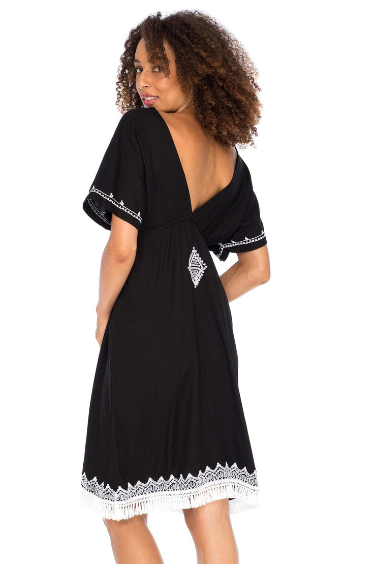 Womens Boho V Neck Beach Dress Loose Fit Casual Embroidered Tunic Sundress Swimsuit Cover Up