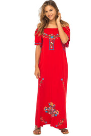 Womens Long Mexican Embroidered Dress, Maxi Long Summer Peasant Dresses for Women Off The Shoulder