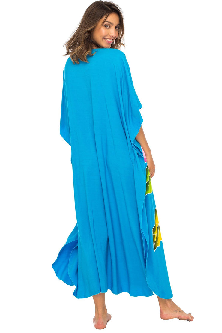 Womens Long Maxi Beach Cover Up Caftan, Frangipani Floral Dress, Summer Beach Poncho