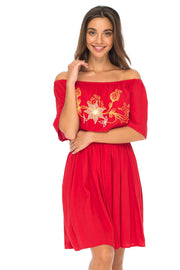 Womens Off Shoulder Boho Embroidered Dress Short Ruffle Beach Sundress