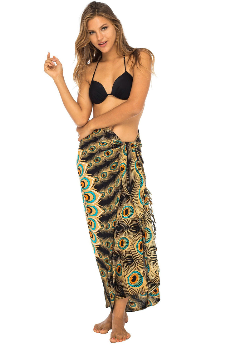 Womens Sarong Swimsuit Cover Up Mandala Peacock Beach Wear Bikini Wrap Skirt with Coconut Clip