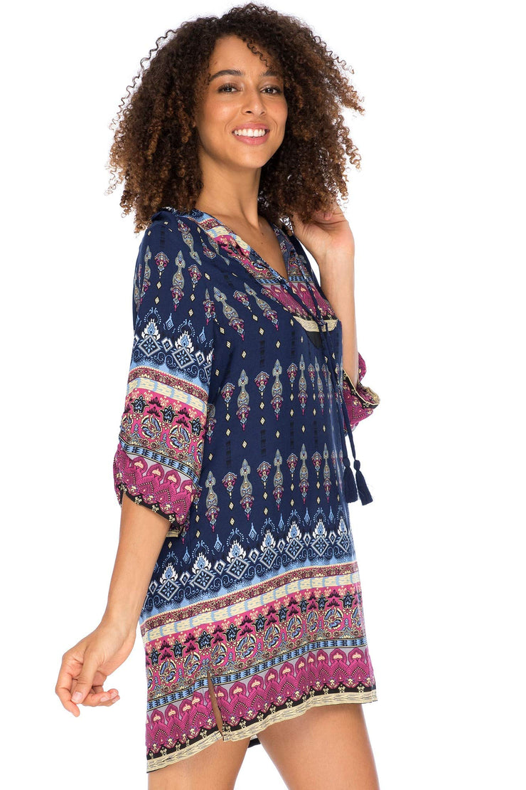 Womens Boho Vintage Print Loose Fit Tunic Dress V-Neck with Tassel Ties Casual Bohemian Swimsuit Cover Up
