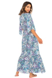 Womens Long Maxi Dress Boho Print Summer Sundress Deep V Neck Long Sleeves