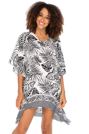 Womens Boho Swimsuit Cover Up Beach Dress Tunic Top Bohemian Leaf Print Short Kaftan