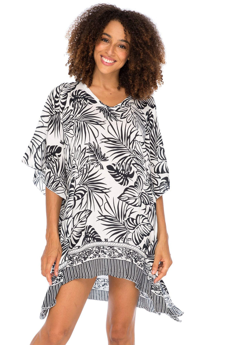 Womens Boho Swimsuit Cover Up Beach Dress Tunic Top Bohemian Leaf Print Short Kaftan