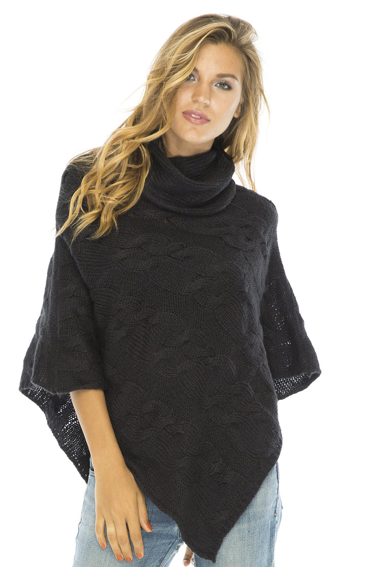 Womens Cable Knit Poncho Turtle Neck Sweater Cape Soft Casual
