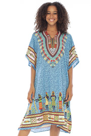 Womens Short Kaftan Ethnic Print V Neck Boho Tunic Poncho Beach Dress Loungewear Swimsuit Cover Up