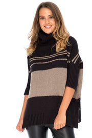Womens Turtleneck Loose Fit Tunic Sweater ¾ Sleeve Oversized Black Knit Striped Pullover Top
