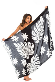 Womens Sarong Swimsuit Cover Up Floral Beach Wear Bikini Wrap Skirt with Coconut Clip Leaf Floral Black