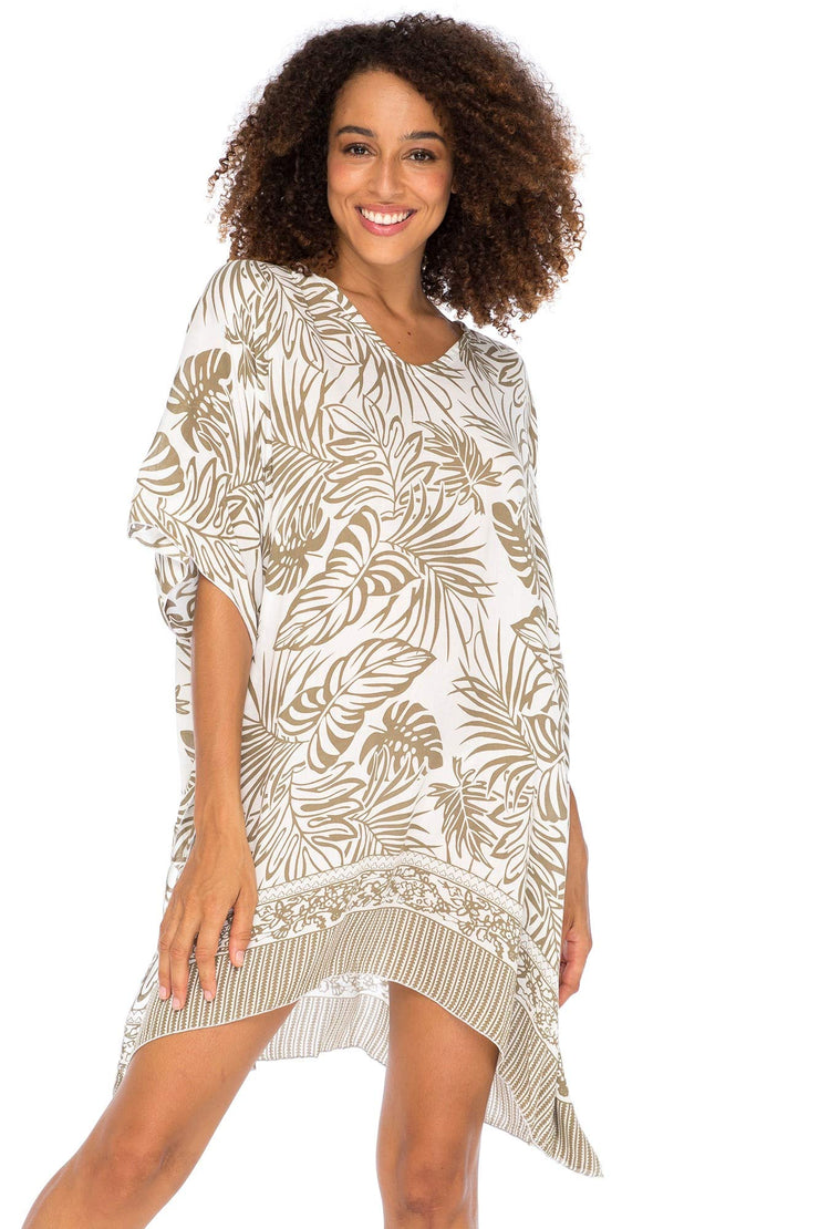 Womens Boho Swimsuit Cover Up Beach Dress Tunic Top Bohemian Leaf Print Short Kaftan