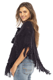 Womens Chunky Cable Knit Sweater Boho Fringed Oversized Pullover Poncho with Tassels