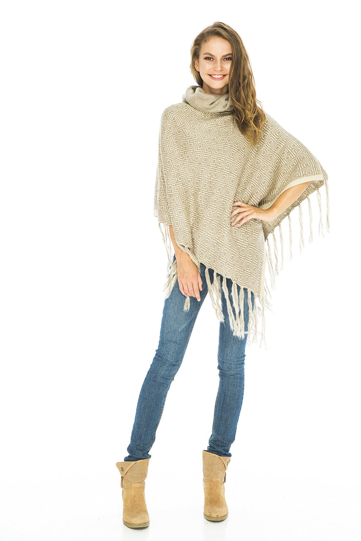 Womens Knitted Winter Poncho Sweater Fringe Turtle Neck