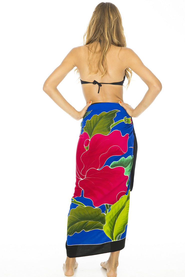 Womens Sarong Swimsuit Cover Up Floral Beach Wear Bikini Wrap Skirt with Coconut Clip Hummingbird Blue