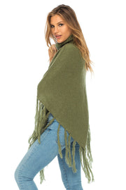 Womens Knit Fringed Poncho Boho Sweater Cape with Cowl Neck Soft Boho Winter Shawl