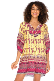Womens Boho Vintage Print Loose Fit Tunic Dress V-Neck with Tassel Ties Casual Bohemian Swimsuit Cover Up