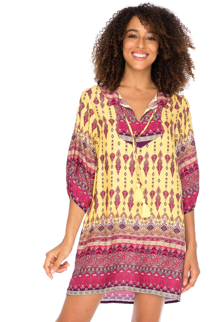 Womens Boho Vintage Print Loose Fit Tunic Dress V-Neck with Tassel Ties Casual Bohemian Swimsuit Cover Up