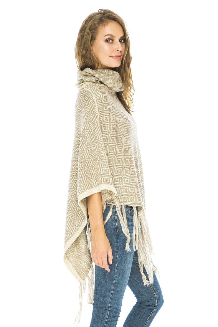 Womens Knitted Winter Poncho Sweater Fringe Turtle Neck