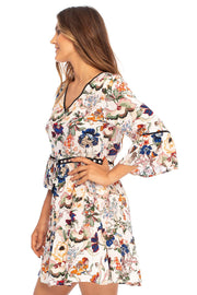 Womens Casual Short Boho Dress Floral Print V-Neck Bell Sleeves Vacation Swing Dress Rayon