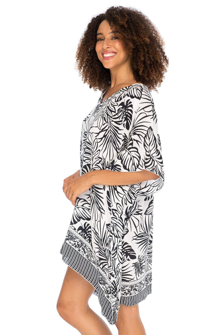 Womens Boho Swimsuit Cover Up Beach Dress Tunic Top Bohemian Leaf Print Short Kaftan
