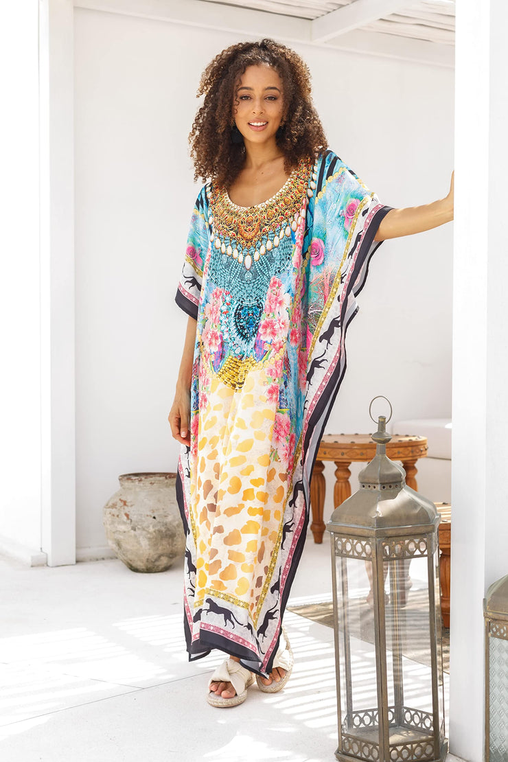 Womens Plus Size Print Kaftan Long Casual Boho Maxi Dress Beach Caftan Swimsuit Cover Up