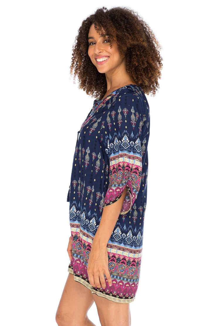 Womens Boho Vintage Print Loose Fit Tunic Dress V-Neck with Tassel Ties Casual Bohemian Swimsuit Cover Up