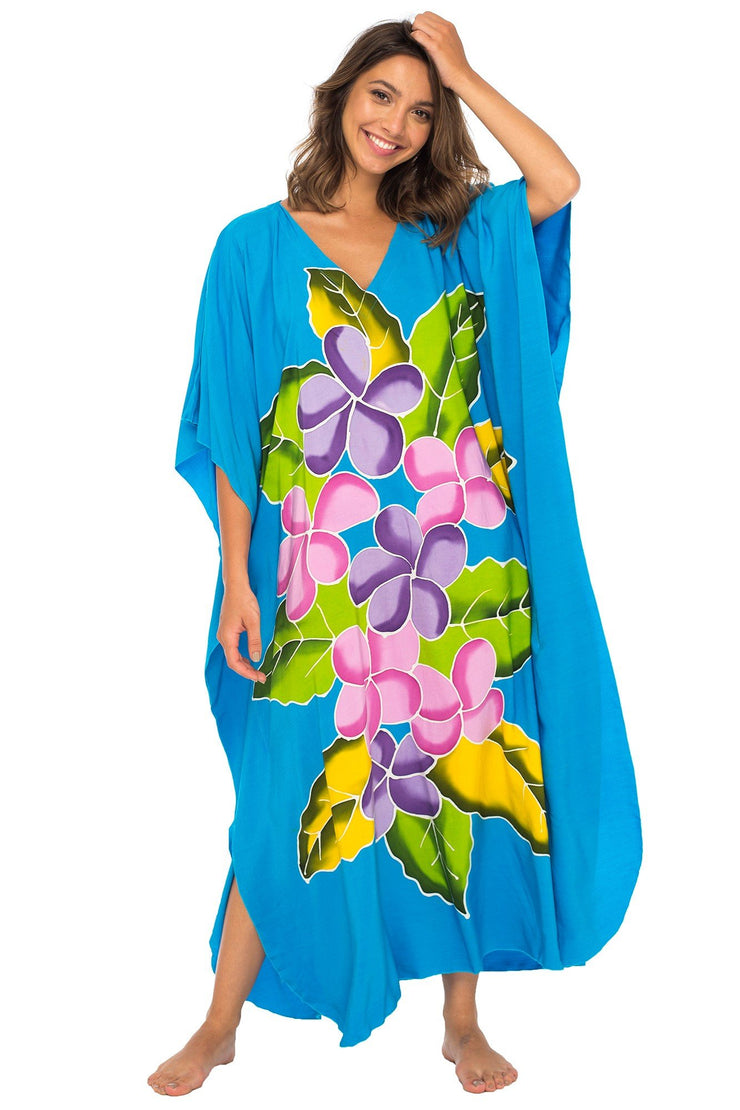 Womens Long Maxi Beach Cover Up Caftan, Frangipani Floral Dress, Summer Beach Poncho