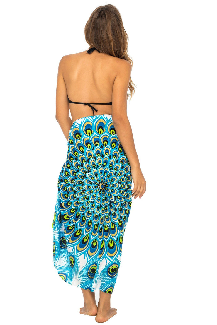 Womens Sarong Swimsuit Cover Up Mandala Peacock Beach Wear Bikini Wrap Skirt with Coconut Clip