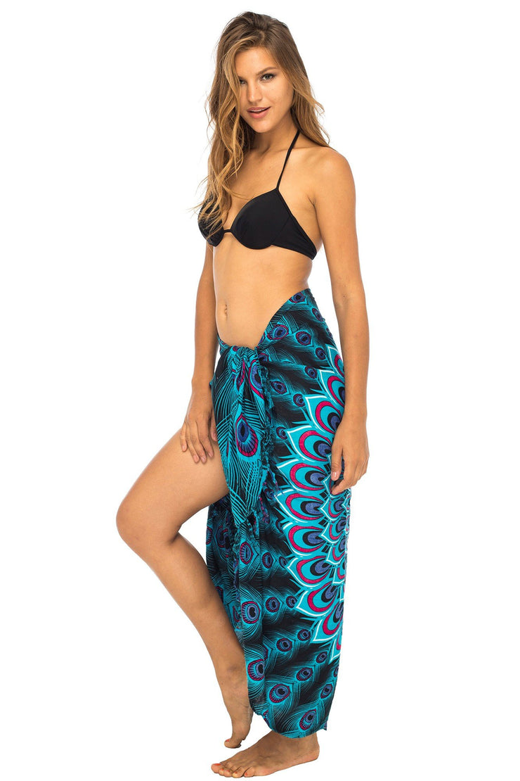 Womens Sarong Swimsuit Cover Up Mandala Peacock Beach Wear Bikini Wrap Skirt with Coconut Clip