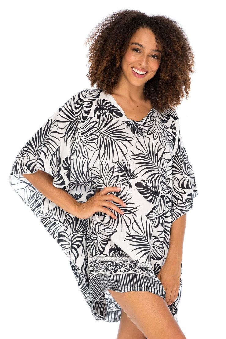 Womens Boho Swimsuit Cover Up Beach Dress Tunic Top Bohemian Leaf Print Short Kaftan