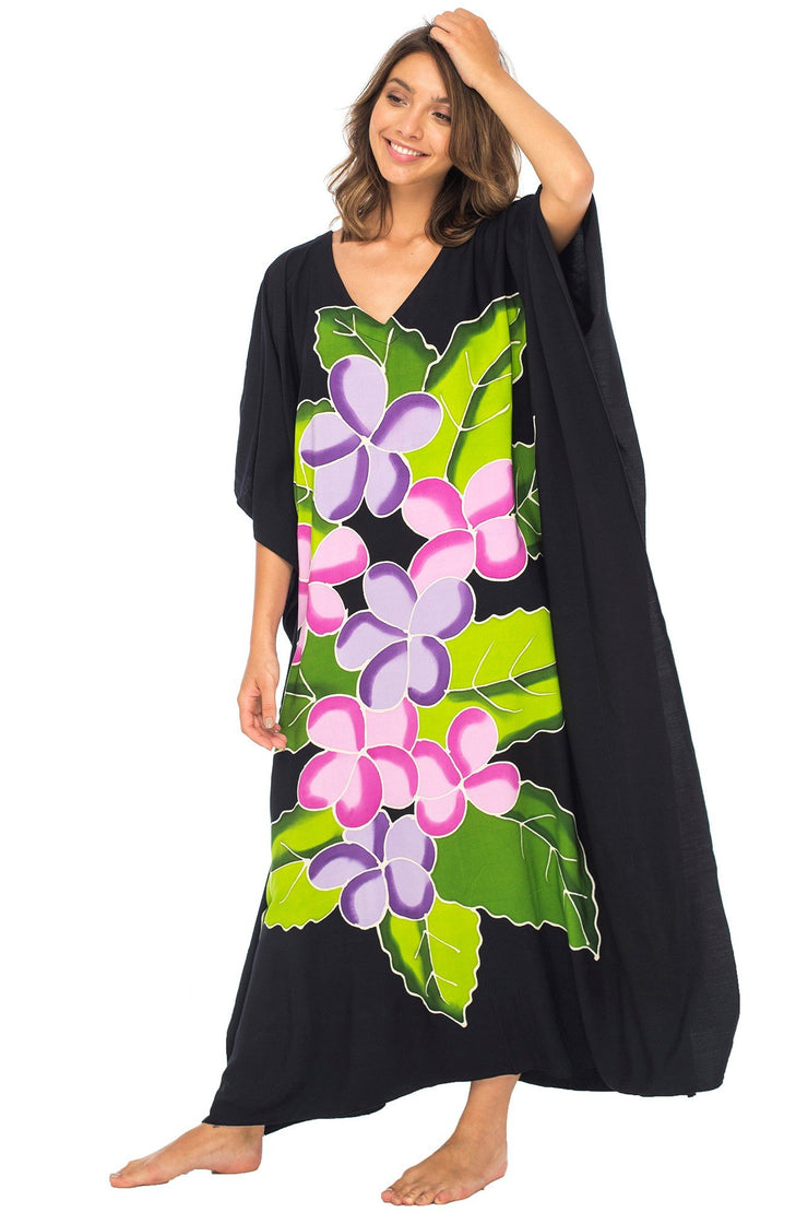 Womens Long Maxi Beach Cover Up Caftan, Frangipani Floral Dress, Summer Beach Poncho