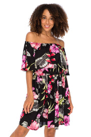 Womens Off Shoulder Floral Print Boho Dress Short Ruffle Beach Sundress