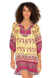 Womens Boho Vintage Print Loose Fit Tunic Dress V-Neck with Tassel Ties Casual Bohemian Swimsuit Cover Up