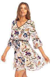 Womens Casual Short Boho Dress Floral Print V-Neck Bell Sleeves Vacation Swing Dress Rayon