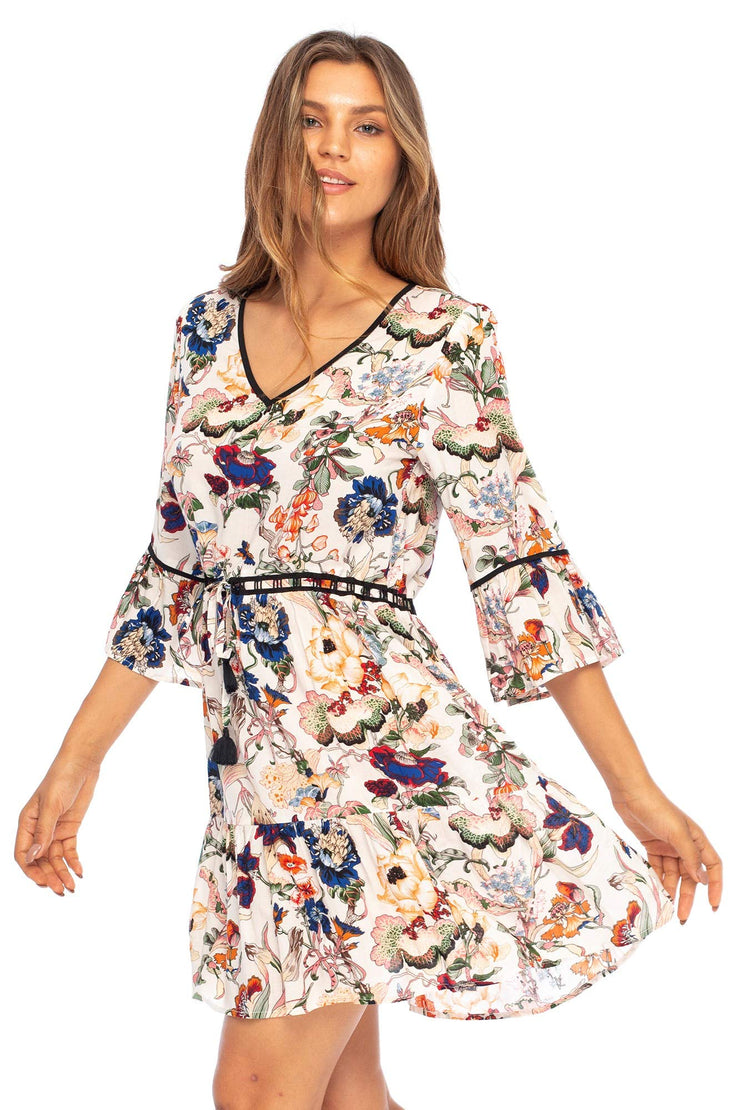 Womens Casual Short Boho Dress Floral Print V-Neck Bell Sleeves Vacation Swing Dress Rayon