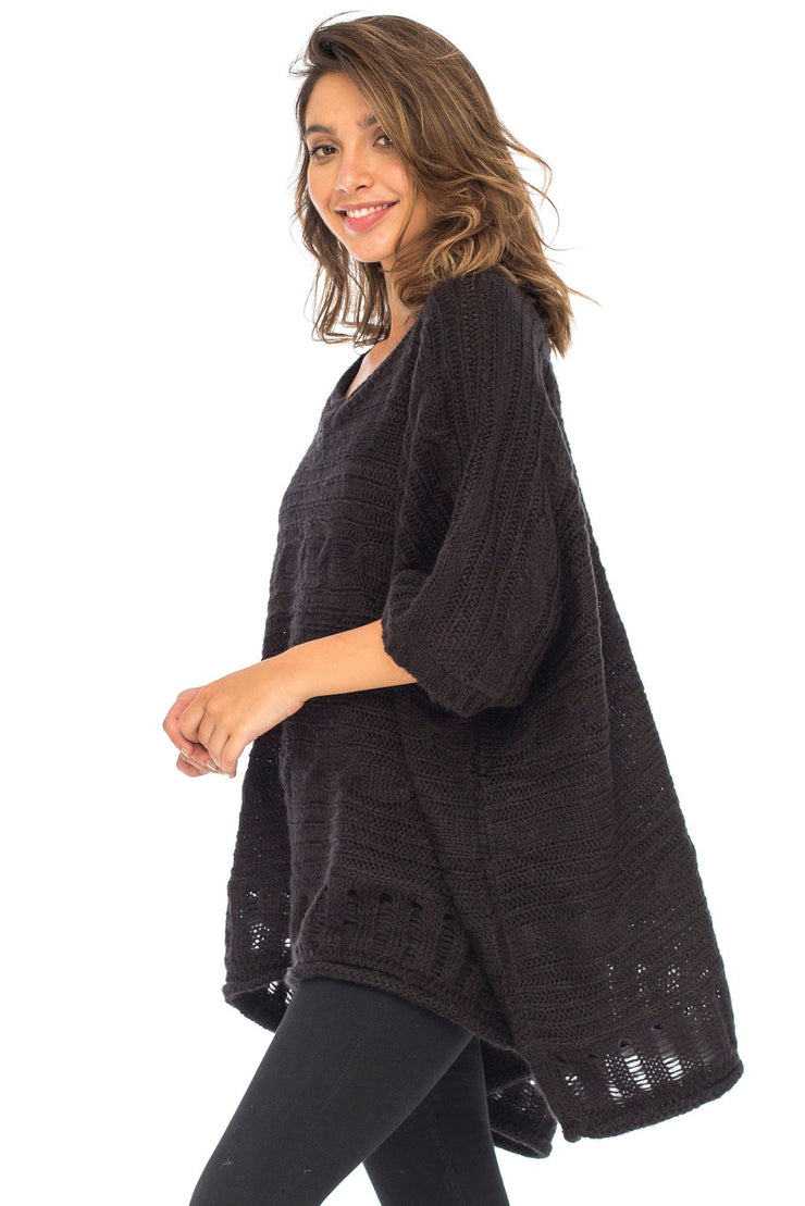 Womens Knit Poncho Sweater Cape V-Neck Soft Boho Tunic Shawl with Sleeves