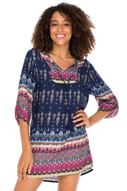 Womens Boho Vintage Print Loose Fit Tunic Dress V-Neck with Tassel Ties Casual Bohemian Swimsuit Cover Up