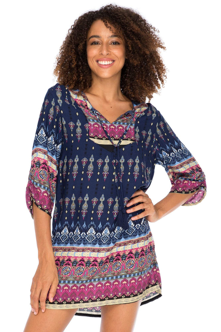 Womens Boho Vintage Print Loose Fit Tunic Dress V-Neck with Tassel Ties Casual Bohemian Swimsuit Cover Up