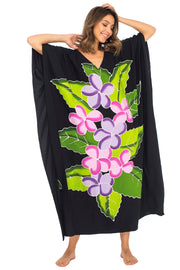 Womens Long Maxi Beach Cover Up Caftan, Frangipani Floral Dress, Summer Beach Poncho