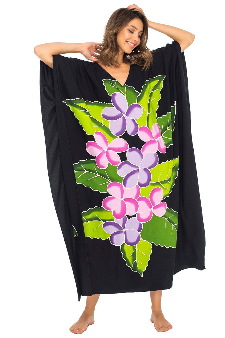 Womens Long Maxi Beach Cover Up Caftan, Frangipani Floral Dress, Summer Beach Poncho