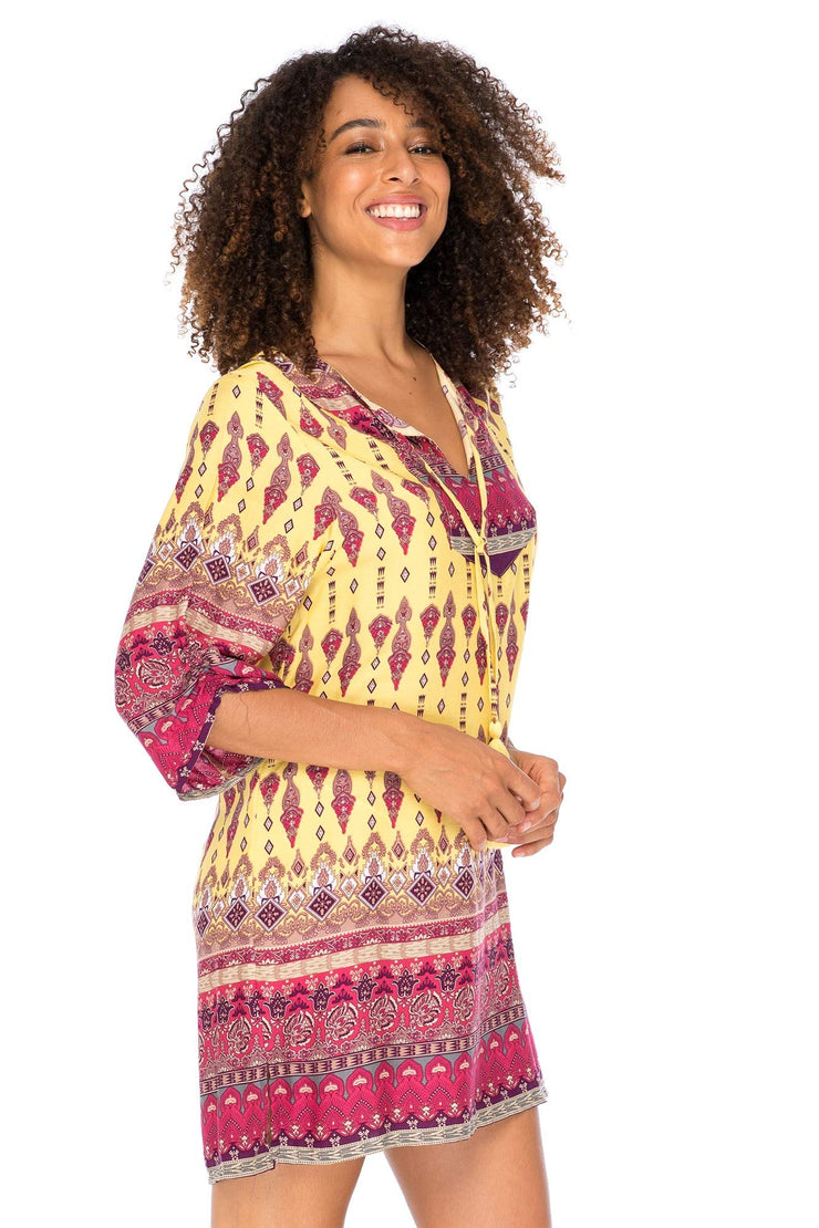 Womens Boho Vintage Print Loose Fit Tunic Dress V-Neck with Tassel Ties Casual Bohemian Swimsuit Cover Up