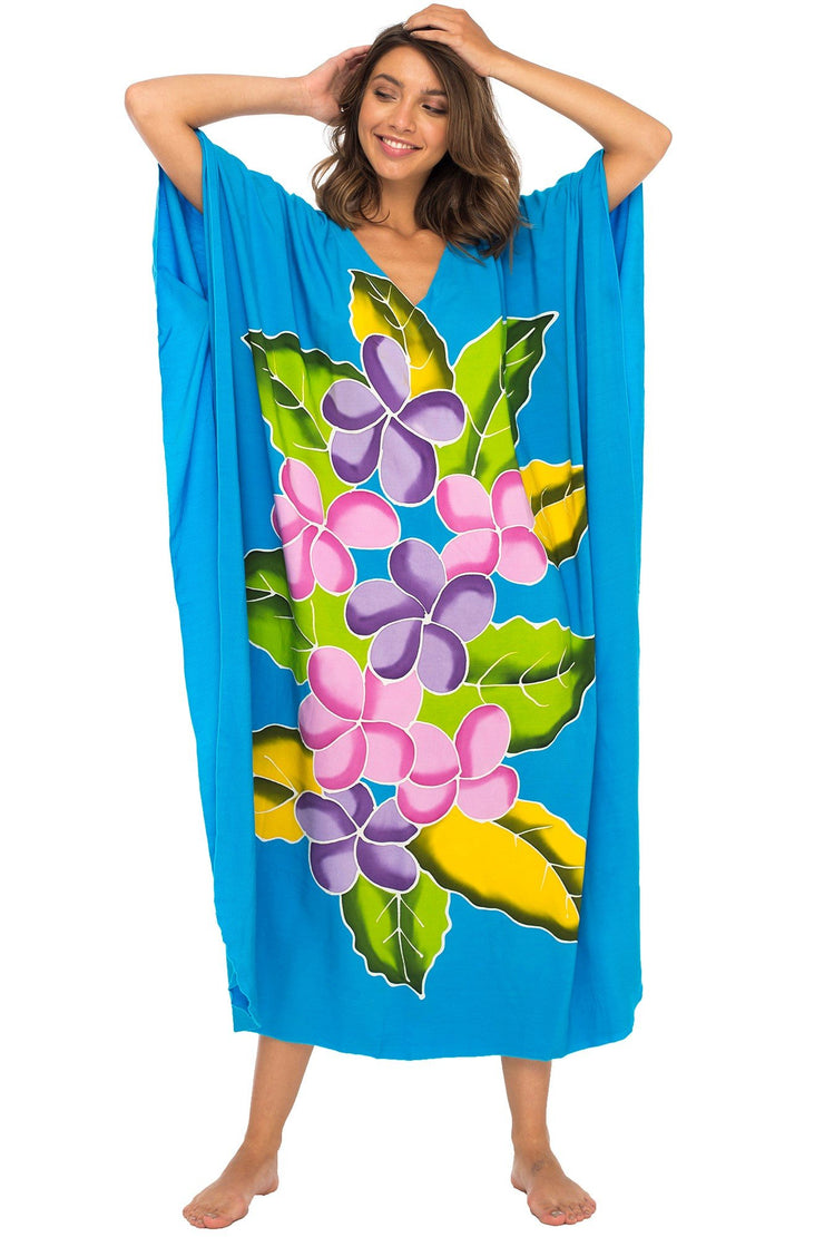 Womens Long Maxi Beach Cover Up Caftan, Frangipani Floral Dress, Summer Beach Poncho