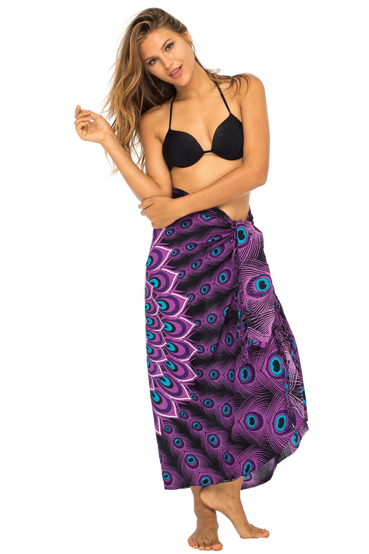 Womens Sarong Swimsuit Cover Up Mandala Peacock Beach Wear Bikini Wrap Skirt with Coconut Clip