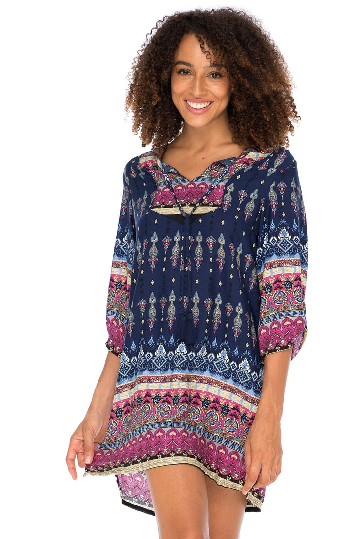 Womens Boho Vintage Print Loose Fit Tunic Dress V-Neck with Tassel Ties Casual Bohemian Swimsuit Cover Up