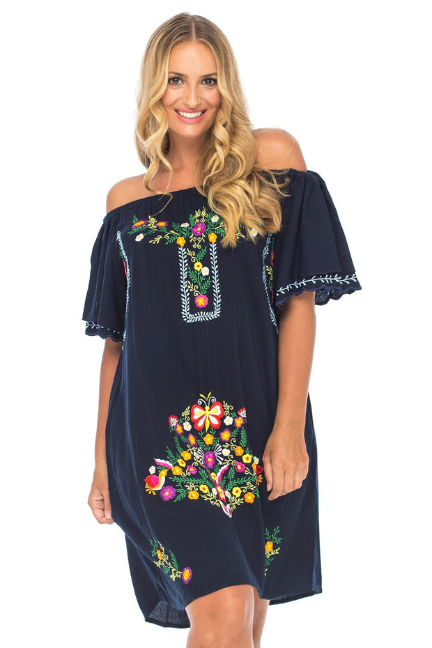 Womens Plus Size Mexican Embroidered Dress, Off The Shoulder Mexican Peasant Dress for Women