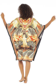 Womens Short Kaftan Ethnic Print V Neck Boho Tunic Poncho Beach Dress Loungewear Swimsuit Cover Up