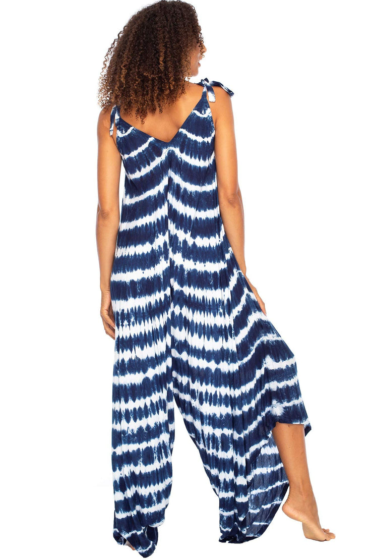 Back From Bali Womens Tie Dye Jumpsuit Loose Relaxed Fit Casual Blue Boho Wide Leg Sleeveless Romper Rayon