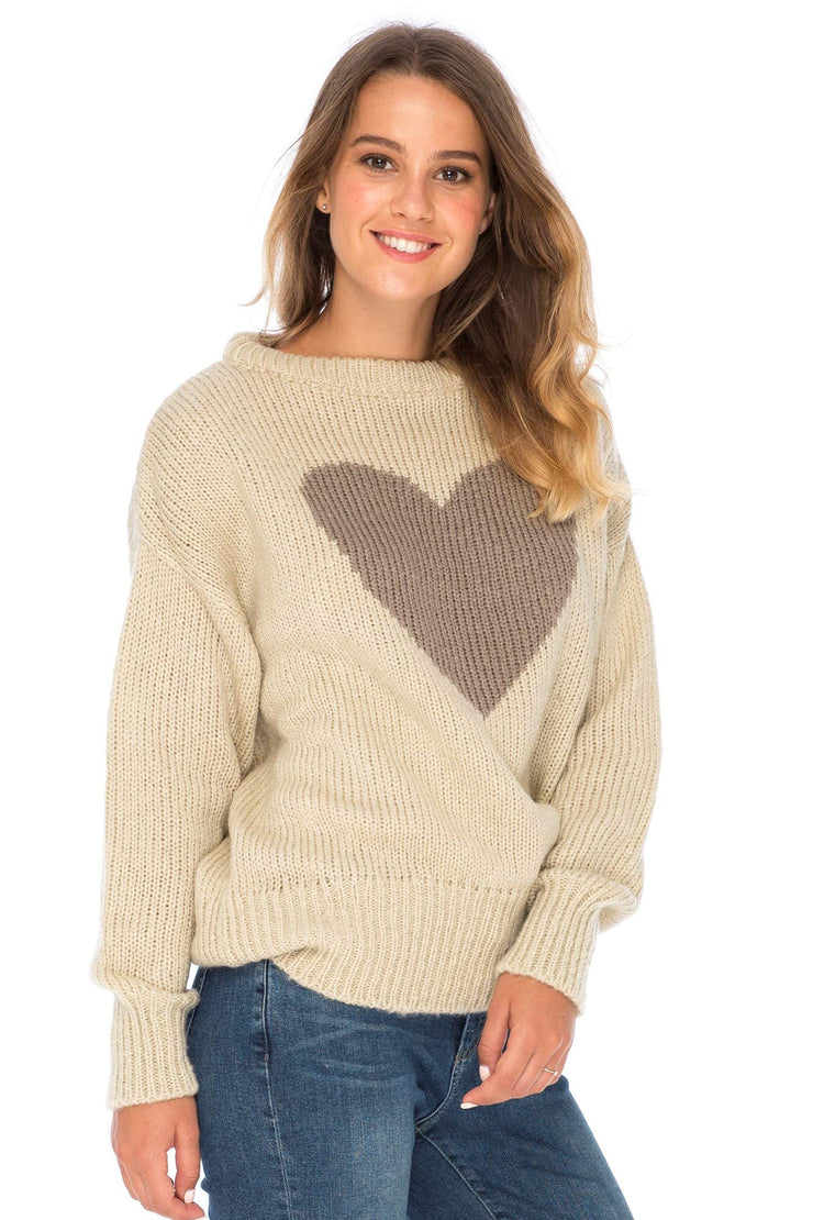 Womens Heart Sweater Soft Knit Pullover Crewneck Long Sleeve